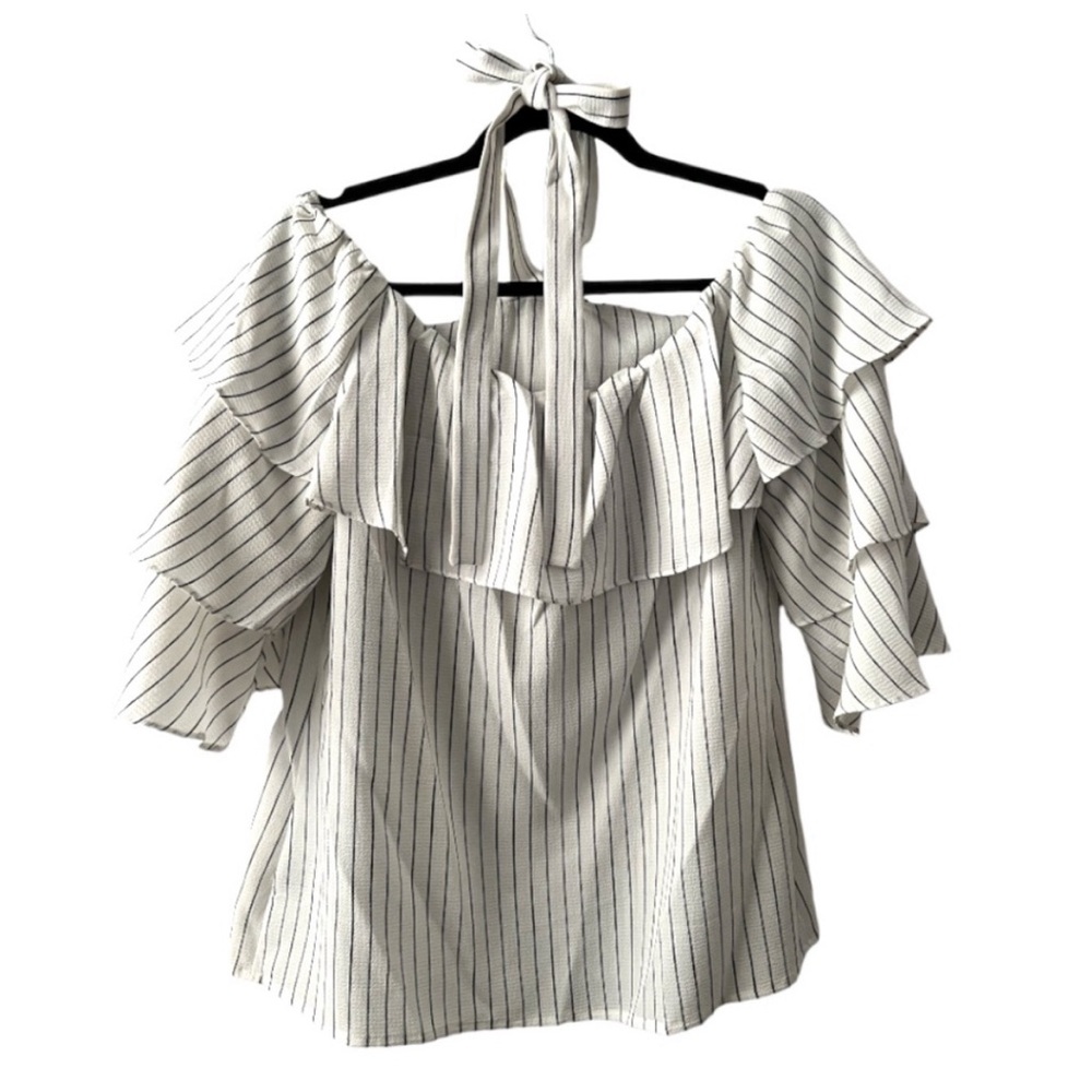 COCO BIANCO; BLACK AND WHITE STRIPED RUFFLED HALTER TOP